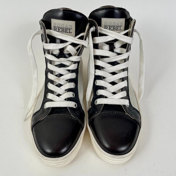 Women's Hogan Rebel R182 High Top Sneakers, Black Leather/SIiver Sequin, Size 36 - Picture 2 of 15